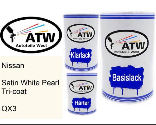 Nissan, Satin White Pearl Tricoat, QX3: 500ml Lackdose + 500ml Klarlack + 250ml Härter - Set, von ATW Autoteile West.